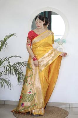 Yellow paithani silk blend saree with unstitched blouse 1