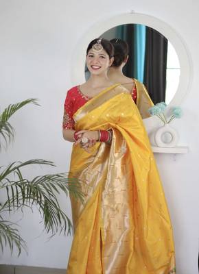 Yellow paithani silk blend saree with unstitched blouse 2