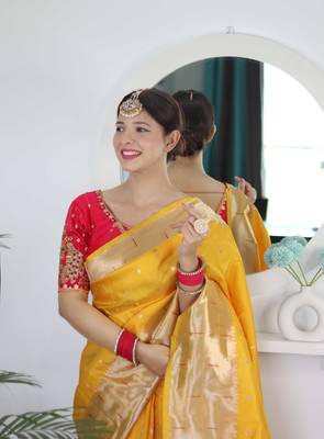 Yellow paithani silk blend saree with unstitched blouse 3