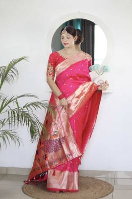Pink paithani silk blend saree with unstitched blouse  1