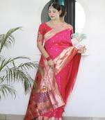 Pink paithani silk blend saree with unstitched blouse 