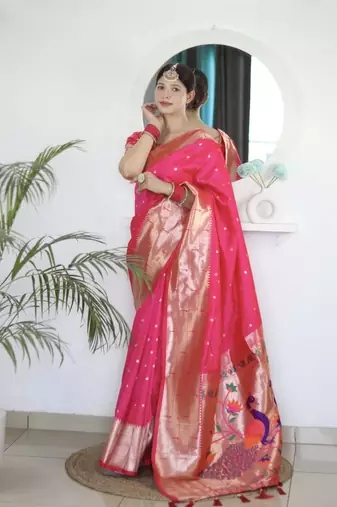 Pink paithani silk blend saree with unstitched blouse 
