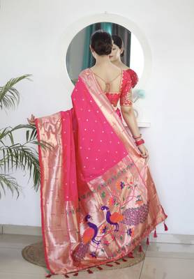 Pink paithani silk blend saree with unstitched blouse  4