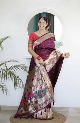 Purple paithani silk blend saree with unstitched blouse 1