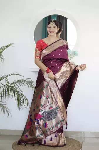 Purple paithani silk blend saree with unstitched blouse