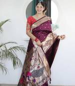 Purple paithani silk blend saree with unstitched blouse