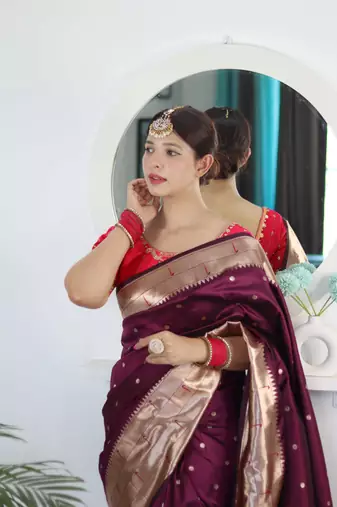 Purple paithani silk blend saree with unstitched blouse