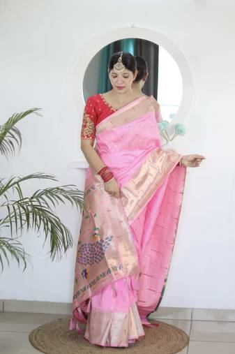 Pink paithani silk blend saree with unstitched blouse