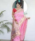 Pink paithani silk blend saree with unstitched blouse