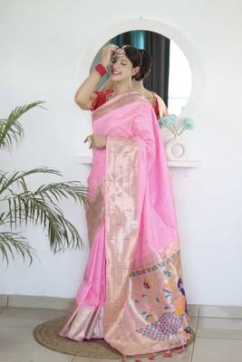 Pink paithani silk blend saree with unstitched blouse 2