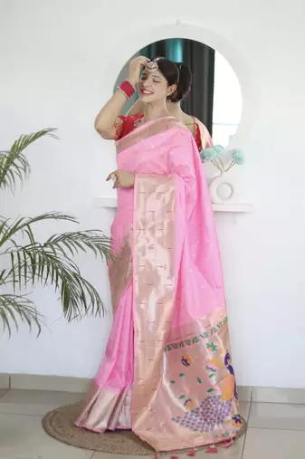 Pink paithani silk blend saree with unstitched blouse