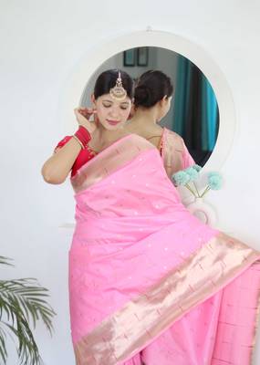 Pink paithani silk blend saree with unstitched blouse 3