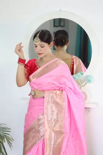 Pink paithani silk blend saree with unstitched blouse