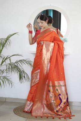 Orange paithani silk blend saree with unstitched blouse 1