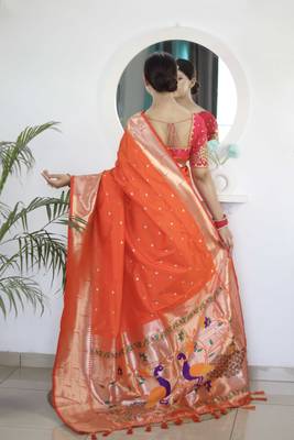 Orange paithani silk blend saree with unstitched blouse 3