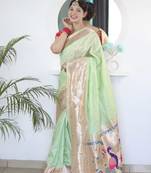 Green paithani silk blend saree with unstitched blouse