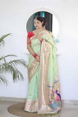 Green paithani silk blend saree with unstitched blouse 3