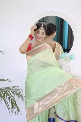 Green paithani silk blend saree with unstitched blouse