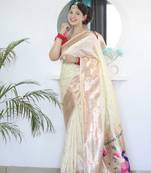 White paithani silk blend saree with unstitched blouse