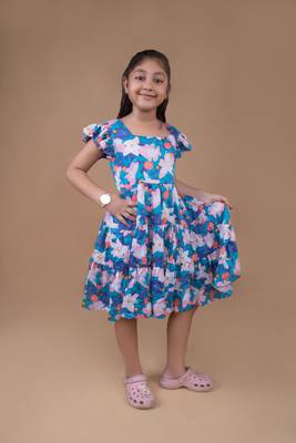 Blue Cotton Printed Mul Holiday Frock For Kids 1