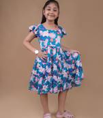 Blue Cotton Printed Mul Holiday Frock For Kids