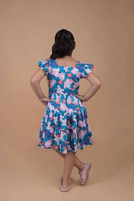 Blue Cotton Printed Mul Holiday Frock For Kids 4