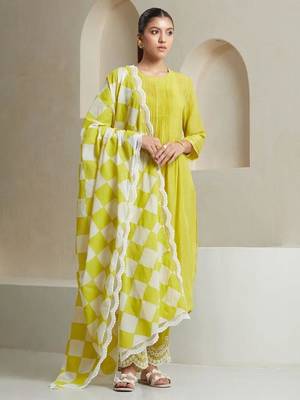  Pin Tucks  Cotton A-Line Kurta With Trouser And Dupatta 1