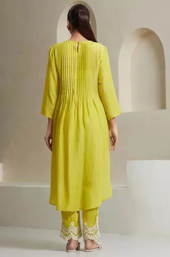  Pin Tucks  Cotton A-Line Kurta With Trouser And Dupatta