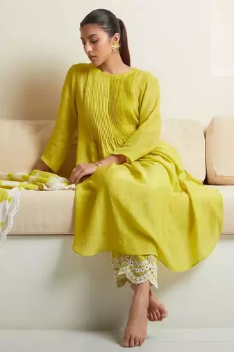  Pin Tucks  Cotton A-Line Kurta With Trouser And Dupatta