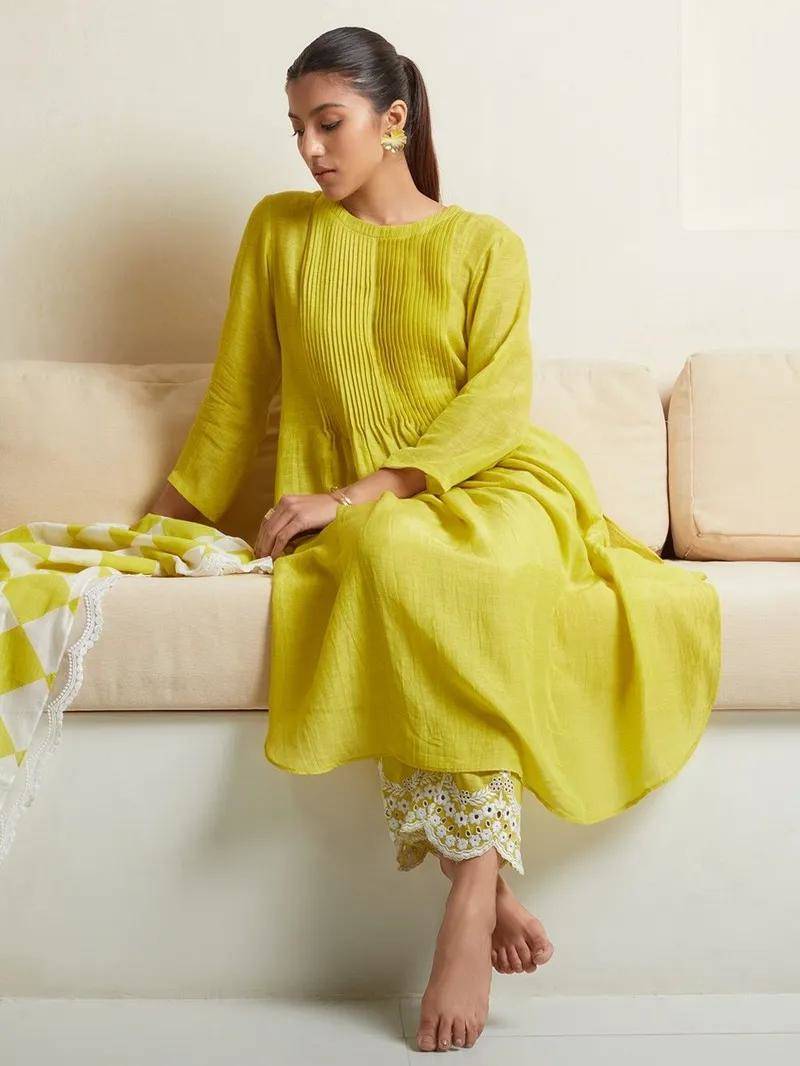  Pin Tucks Pure Cotton A-Line Kurta With Trouser And Dupatta