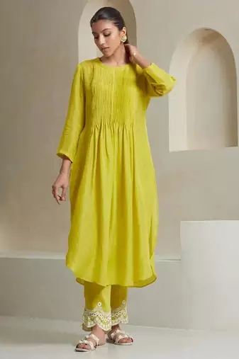  Pin Tucks  Cotton A-Line Kurta With Trouser And Dupatta