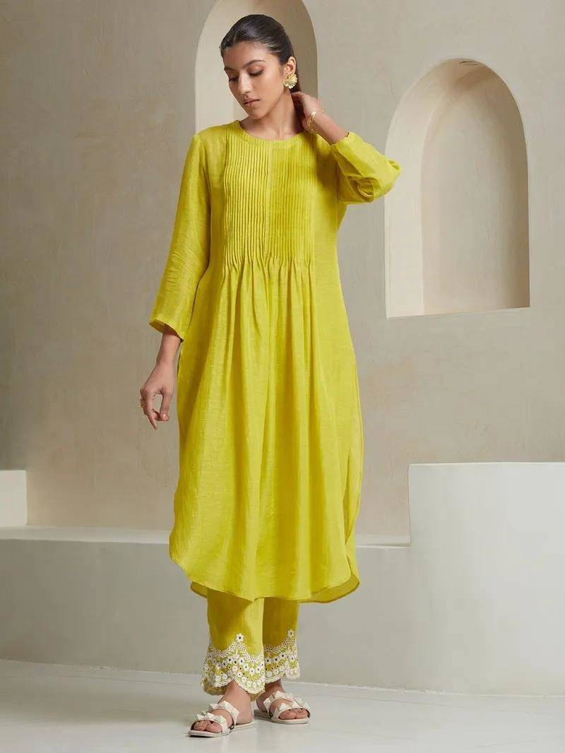  Pin Tucks Pure Cotton A-Line Kurta With Trouser And Dupatta
