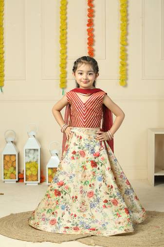Maroon Silk Sleeveless Lehenga Choli For Kids