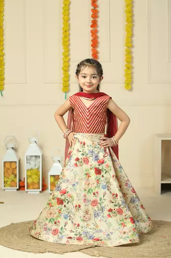 Maroon Silk Sleeveless Lehenga Choli For Kids