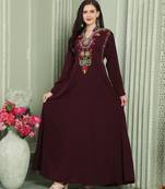 Designer-wear Velvet Kaftan with Multicolor Embroidered Sleeves
