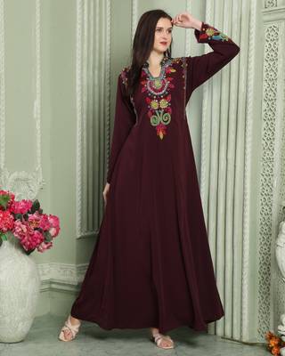 Designer-wear Velvet Kaftan with Multicolor Embroidered Sleeves 2