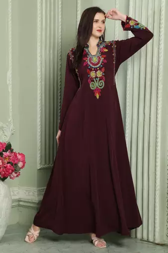 Designer-wear Velvet Kaftan with Multicolor Embroidered Sleeves