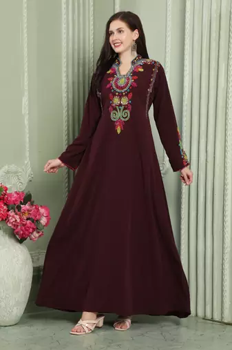 Designer-wear Velvet Kaftan with Multicolor Embroidered Sleeves