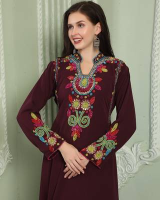 Designer-wear Velvet Kaftan with Multicolor Embroidered Sleeves 5