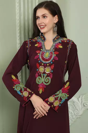 Designer-wear Velvet Kaftan with Multicolor Embroidered Sleeves