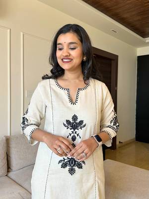  Embroidered A-Line Thread Work Cotton Kurta With Trousers 2