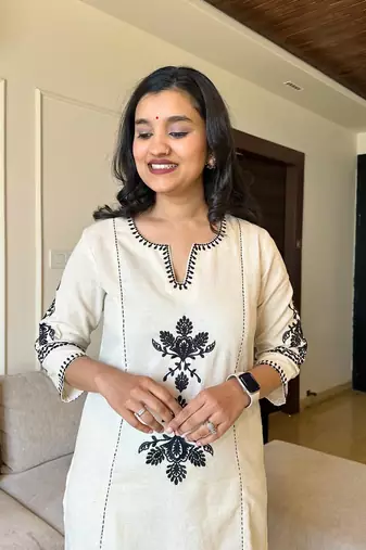  Embroidered A-Line Thread Work  Cotton Kurta With Trousers