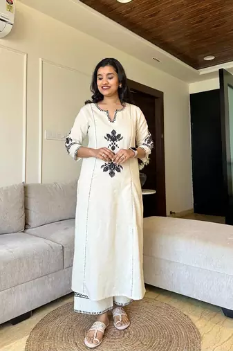  Embroidered A-Line Thread Work  Cotton Kurta With Trousers