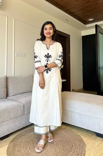  Embroidered A-Line Thread Work  Cotton Kurta With Trousers
