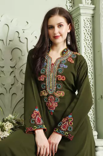 Designer Smotth Lazer Kaftan with Multicolored Embellished Sleeves