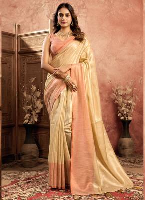 Chiku tissue silk saree with weave border and blouse 1