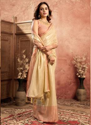 Chiku tissue silk saree with weave border and blouse 2