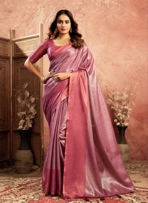 Magenta tissue silk saree with weave border and blouse 1