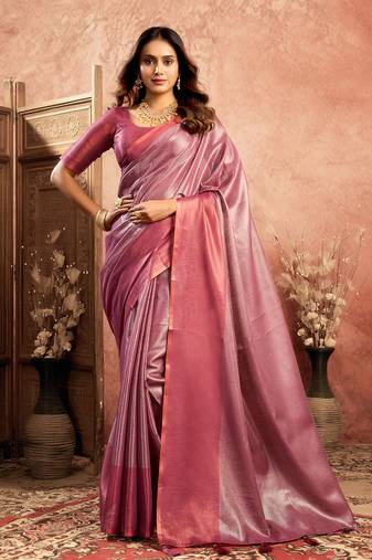 Magenta tissue silk saree with weave border and blouse
