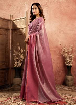 Magenta tissue silk saree with weave border and blouse 2